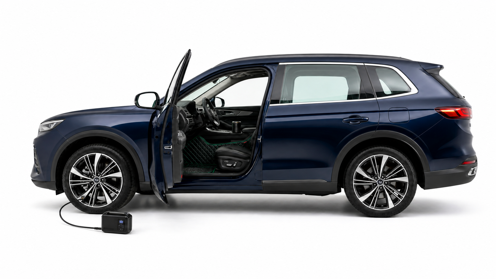 Luxury car mat, air purifier and tyre inflator essentials