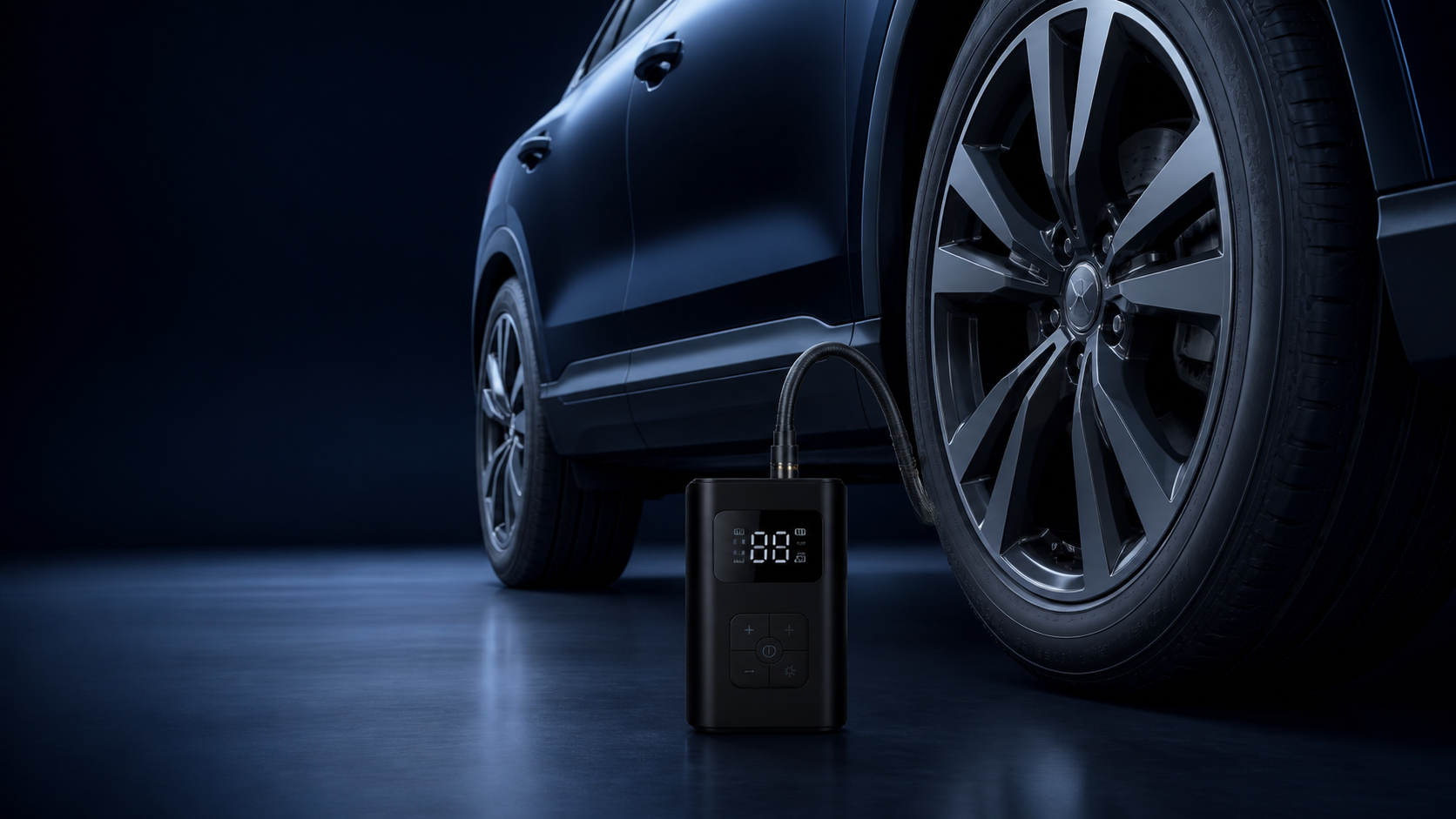 Portable tyre inflator connected to a car tyre